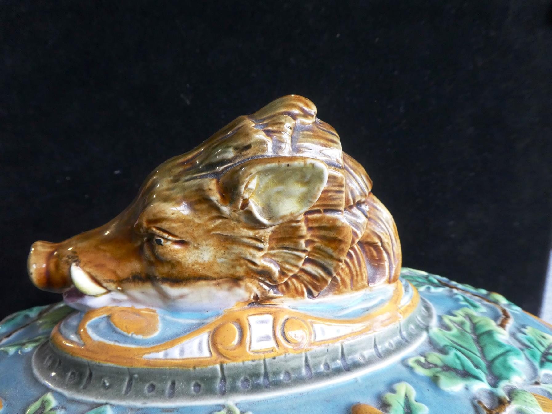 A George Jones Majolica Game Pie Tureen, Cover and Liner, circa 1875, of oval form with boar's - Image 7 of 28