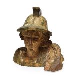 An Italian Carved and Polychrome Wooden Bust of a Soldier, 16th/17th century, wearing a helmet and