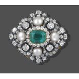 An Emerald, Pearl and Diamond Brooch, the emerald-cut emerald within a border of cushion cut