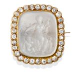 A Moonstone and Diamond Intaglio Brooch, the moonstone carved to depict Venus and The Infant Cupid