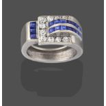 A Sapphire and Diamond Ring, of geometric and scroll form, set throughout with old cut diamonds