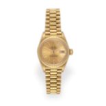 A Lady's 18 Carat Gold Automatic Calendar Centre Seconds Wristwatch, signed Rolex, Oyster Perpetual,