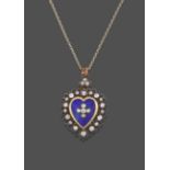 A Diamond and Enamel Pendant on Chain, the central heart shape enamelled in blue with a cream and