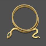 A Victorian Snake Bangle, the tri-colour mesh body terminates to a yellow engraved head and tail,