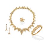 A Diamond Necklace, Bangle, Drop Earring and Ring Suite, of a geometric design, with a central
