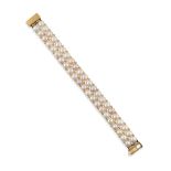 An 18 Carat Gold Two Row Cultured Pearl Bracelet, the double row multi-coloured button pearls