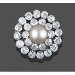 A Cultured Pearl and Diamond Brooch, the central cultured pearl within a double border of old cut
