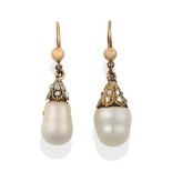 A Pair of Freshwater Pearl and Diamond Drop Earrings, each freshwater truncated pearl drop