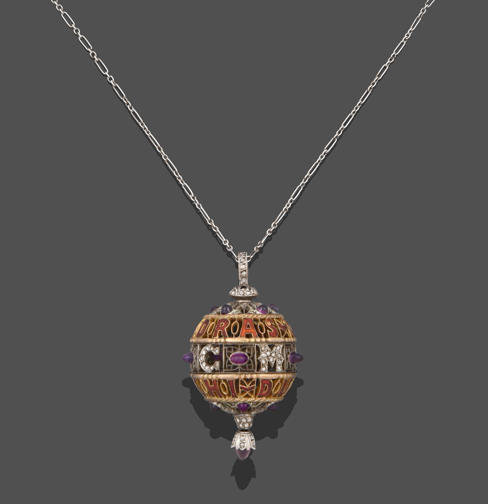 An Amethyst, Diamond and Enamel Pendant on Chain, 1911, the openwork ball with red enamel - Image 2 of 8