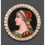 An Enamel and Diamond Brooch/Pendant, the circular plaque enamelled to depict a maiden with rose cut