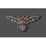 A Ruby and Diamond Brooch, realistically modelled as an insect, with a cabochon ruby body and