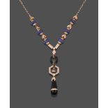 An Onyx, Sapphire and Diamond Necklace, sapphire beads alternate with round brilliant cut diamond