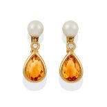 A Pair of Citrine and Cultured Pearl Drop Earrings, an eight-cut diamond suspends a pear cut