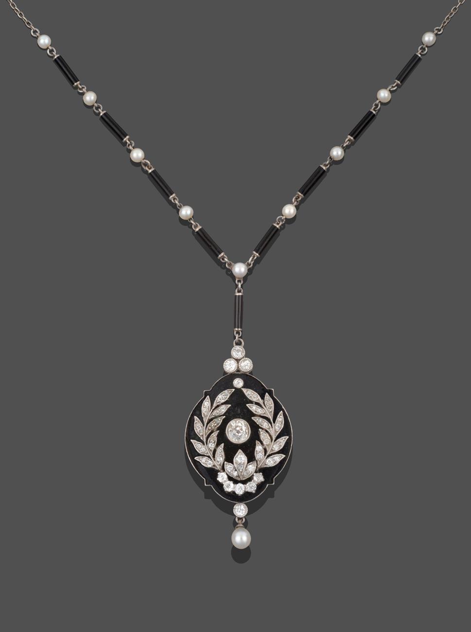 An Edwardian Onyx, Cultured Pearl and Diamond Necklace, an onyx plaque overlaid with old cut and