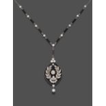 An Edwardian Onyx, Cultured Pearl and Diamond Necklace, an onyx plaque overlaid with old cut and