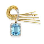 An Aquamarine and Diamond Brooch, the yellow spray motif formed of five yellow bars tapering to a