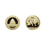 China, 2010 100 Yuan, 1/4 oz .999 Gold. Obv: Temple of Heaven. Rev: Two pandas. Brilliant