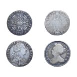 Anne, 1707E Shilling and George III, 1797 Shilling. 2 x silver coins consisting of Anne, 1707