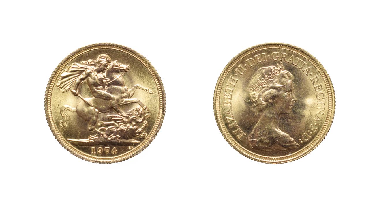 Elizabeth II, 1974 sovereign. Obv: Second portrait right. Rev: St. George and the dragon, 1974 in