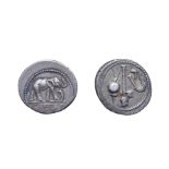 Julius Caesar Silver Denarius. Italian mint, 49 B.C. Obv: Elephant walking right, trampling serpent.