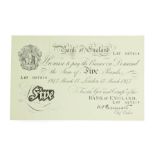 Great Britain, Five Pound Note. 17/03/1947. Bank of England ''white note'' in superb condition. Obv: