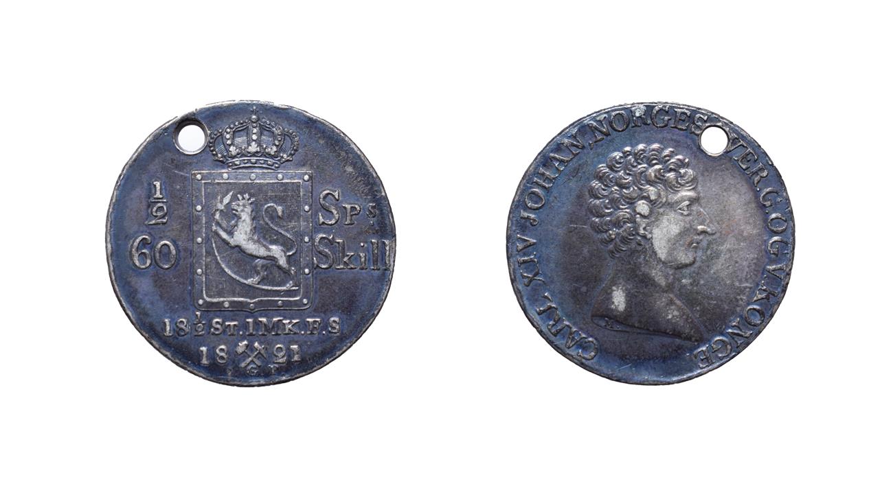 Norway, Carl XIV Johann, 1821 Silver Half Speciedaler. Obv: Bare head facing right. Rev: Crowned