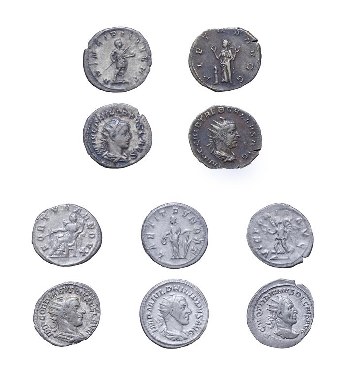 5 x Roman Silver Antoniani consisting of: Gordian III, 209 - 211 A.D. 5.25g, 22.9mm, 8h. Obv: