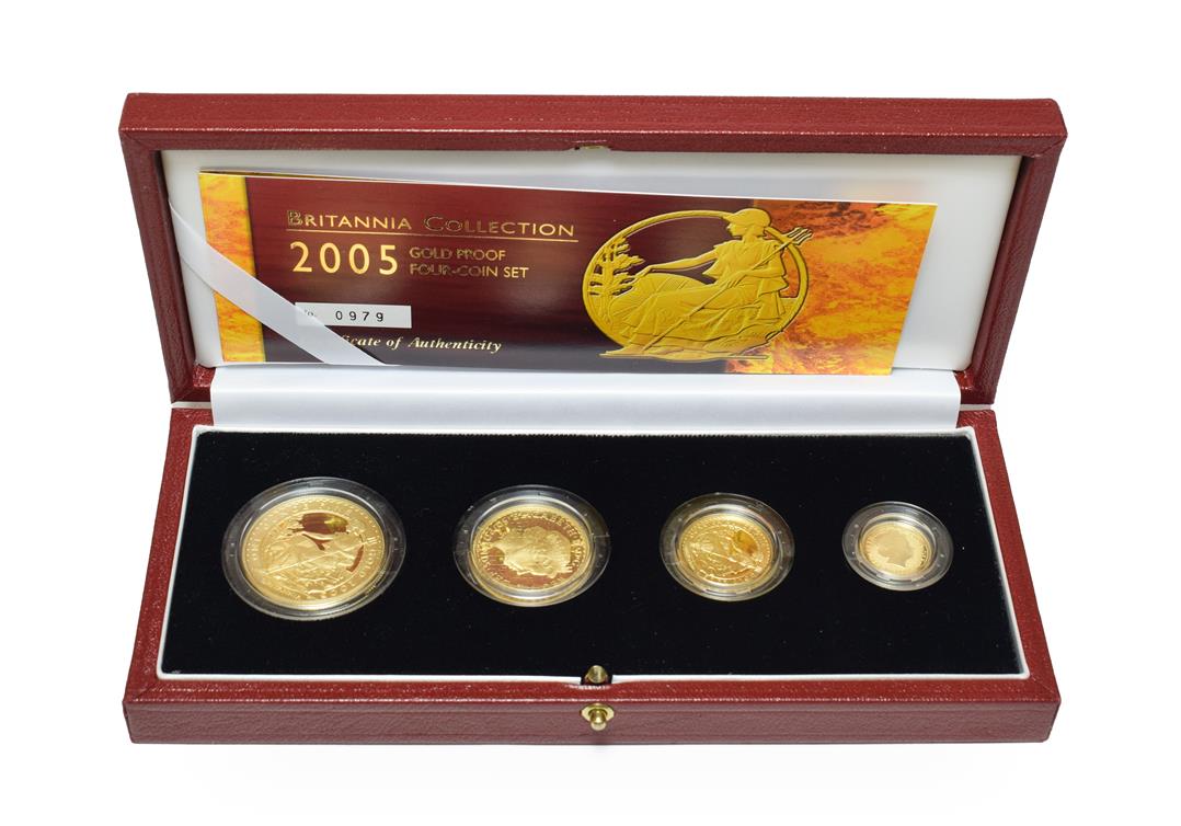 Elizabeth II, 4-Coin Gold Proof Britannia Collection 2005 comprising: £100 (1oz fine gold), £50 (1/2