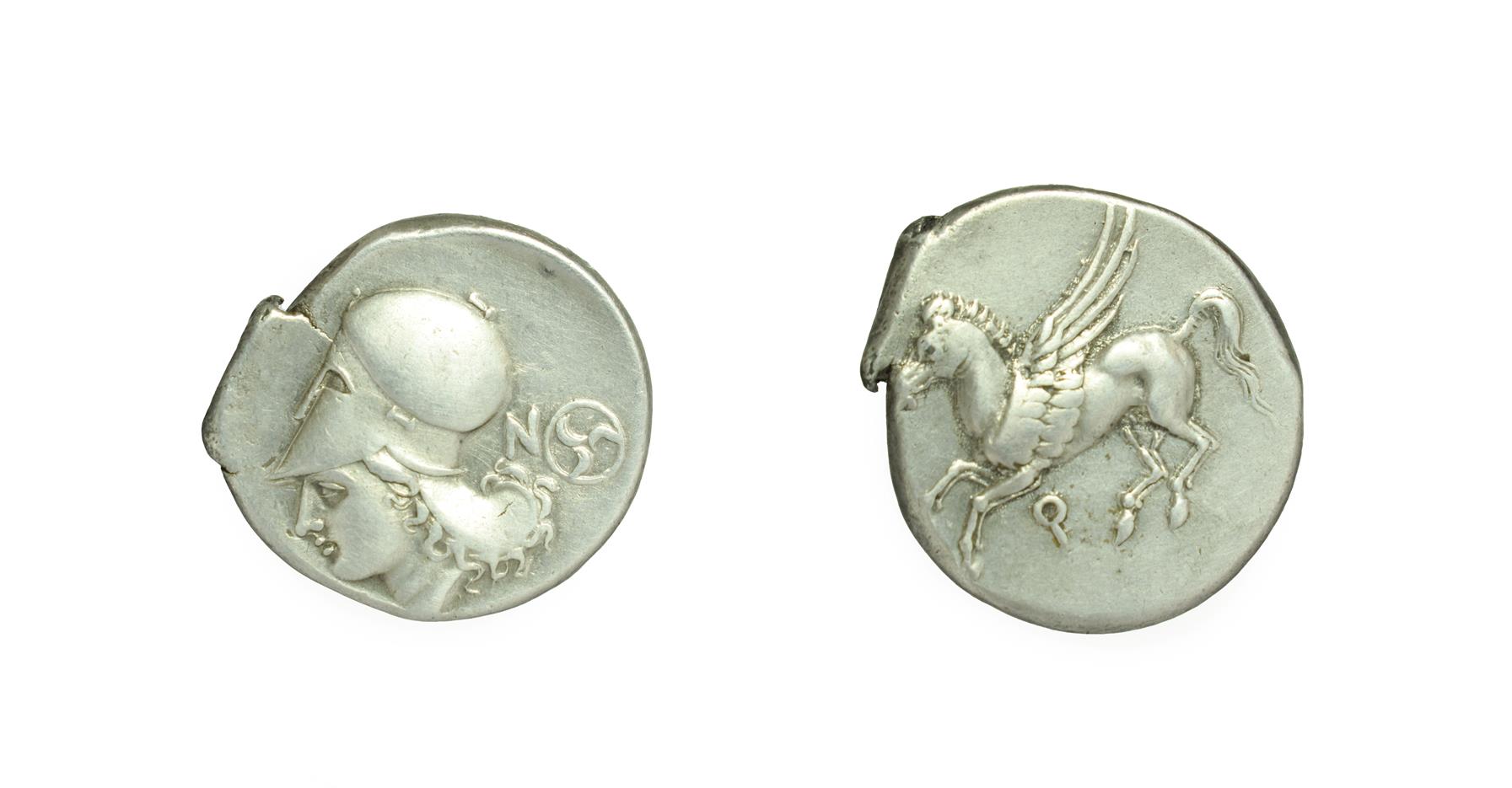 Corinthia, Corinth, Silver Stater. c. 345-307 B.C. 8.57g, 22.5mm, 3h. Obv: Pegasos flying to left,