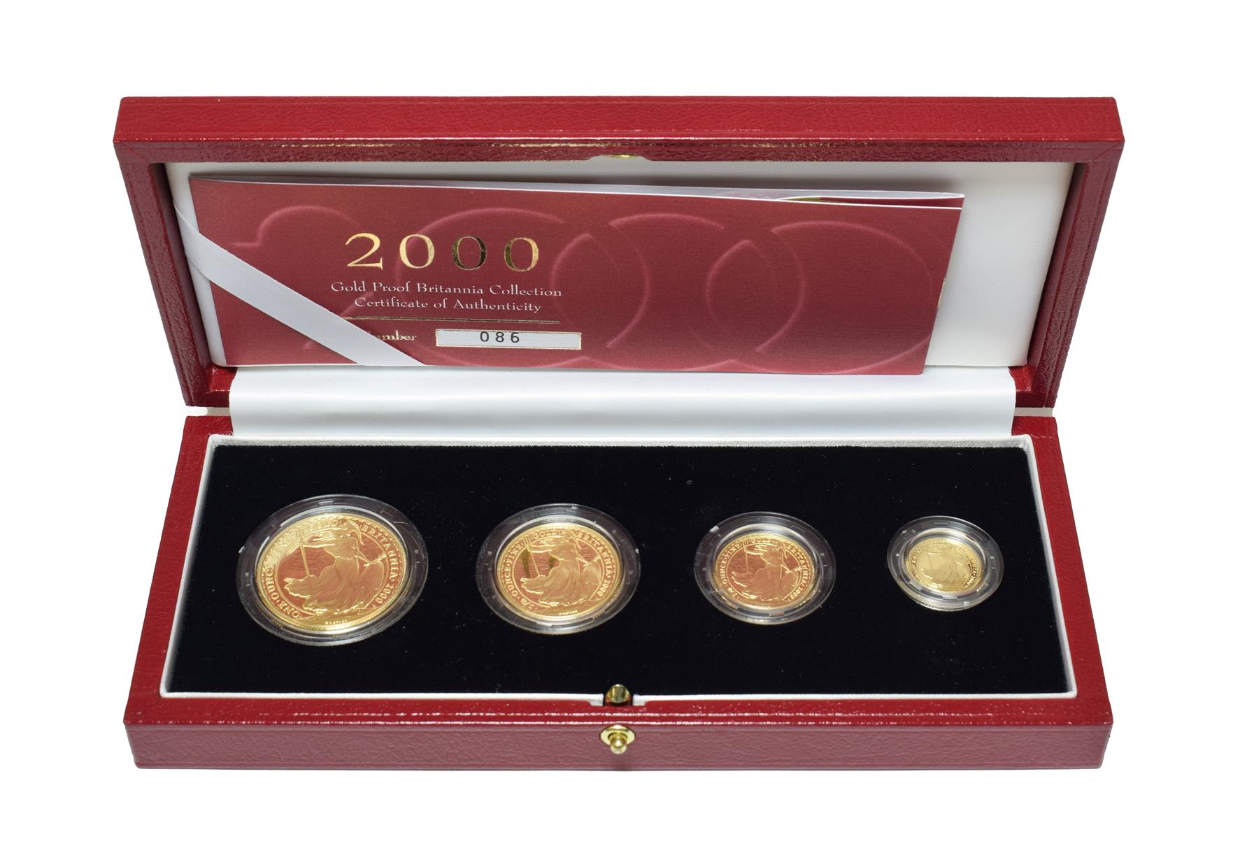 Elizabeth II, 4-Coin Gold Proof Britannia Collection 2000 comprising: £100 (1oz fine gold), £50 (1/2