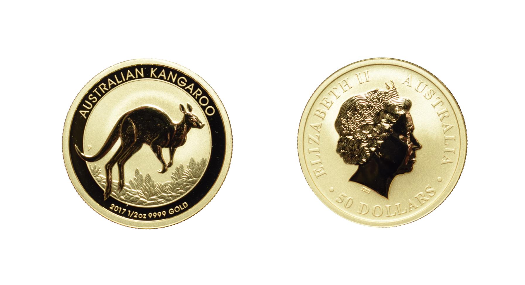 Australia, 2017 50 Dollars, 1/2 oz .999 Gold. Obv: Fourth portrait facing right. Rev: Kangaroo