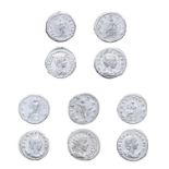 5 x Roman Silver Coins comprised of Geta, 209 - 211 A.D. Denarius. 3.35g, 19.7mm, 12h. Obv: Bare