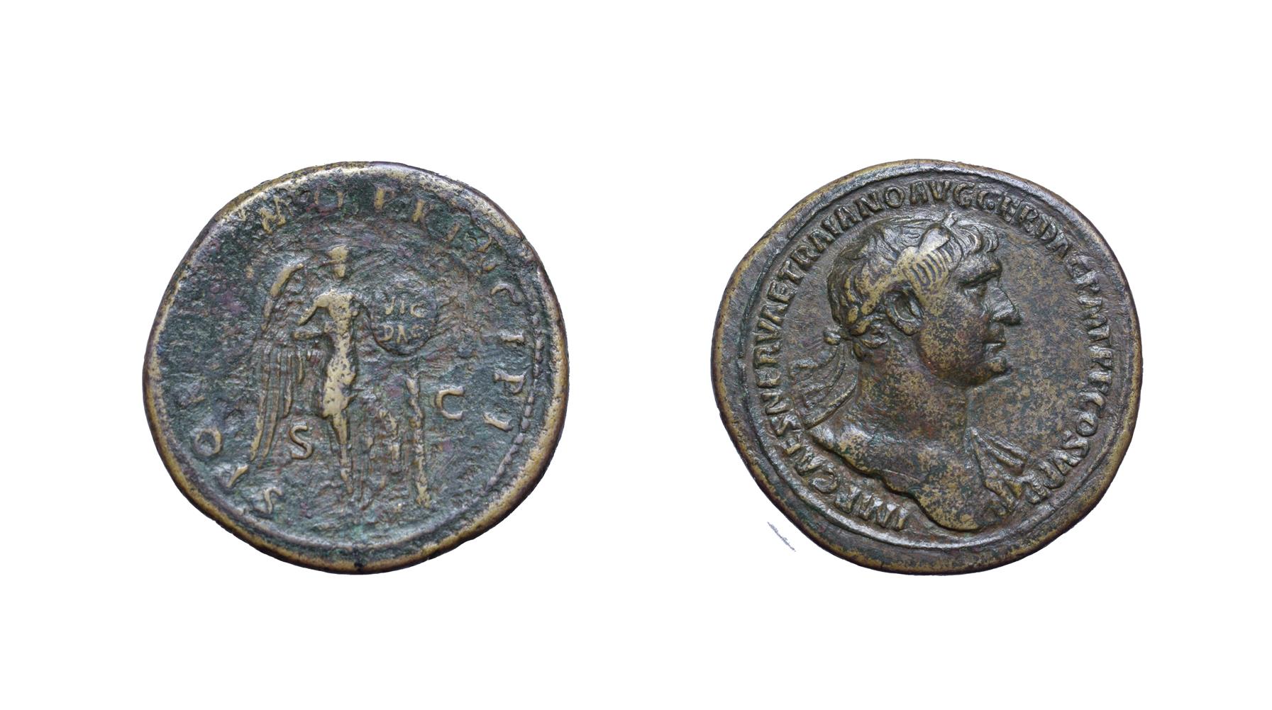 Trajan, Brass Sestertius. Rome, 103 - 111 A.D. 25.68g, 35.5mm, 6h. Obv: IMP CAES NERVAE TRAIANO