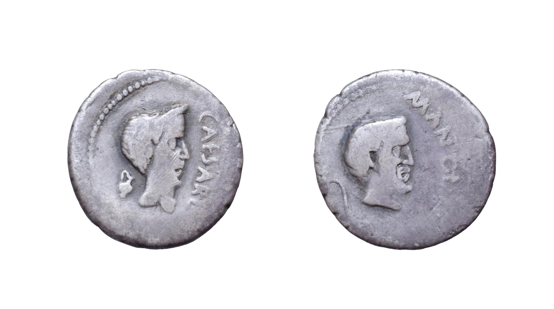 Mark Antony and Julius Caesar Silver Denarius. Cisalpine Gaul, April 43 B.C. 3.48g, 18.6mm, 3h. Obv: