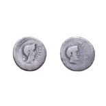 Mark Antony and Julius Caesar Silver Denarius. Cisalpine Gaul, April 43 B.C. 3.48g, 18.6mm, 3h. Obv: