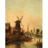 Attributed to Jacob Jan Coenraad Spohler (1837-1894) Dutch Canal scene with windmills Signed, oil on