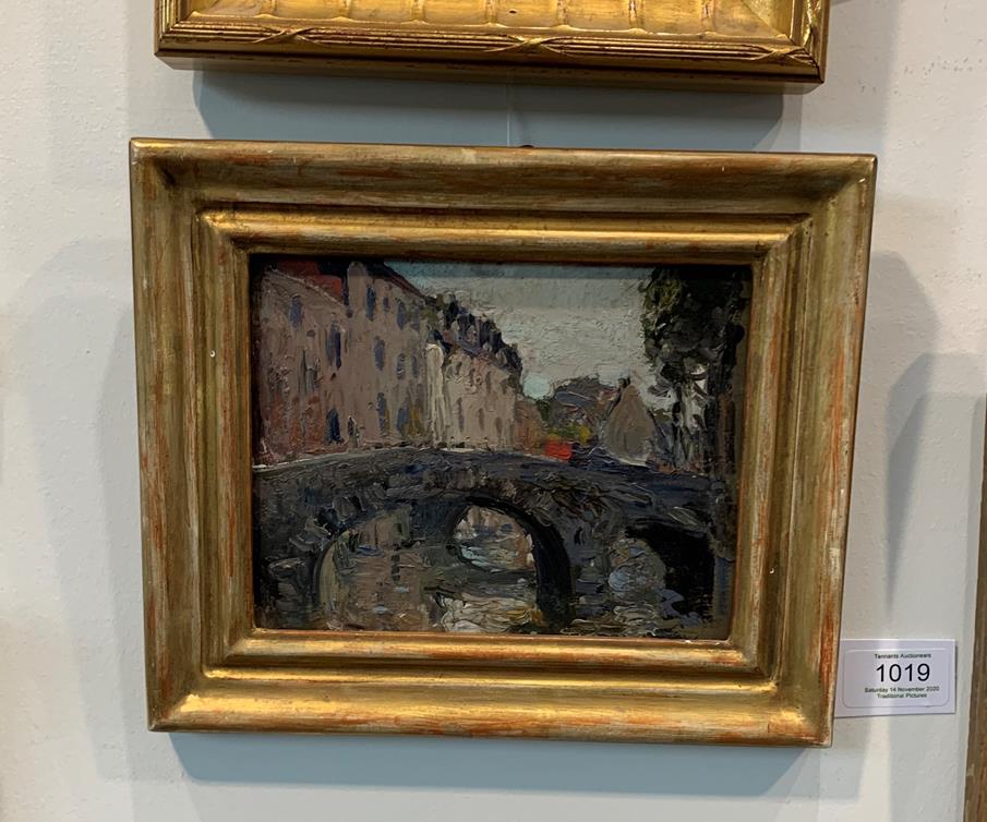 Alexander Jamieson (1873-1937) Scottish A bridge in Bruges Oil on panel, 13cm by 16.5cm - Image 2 of 2