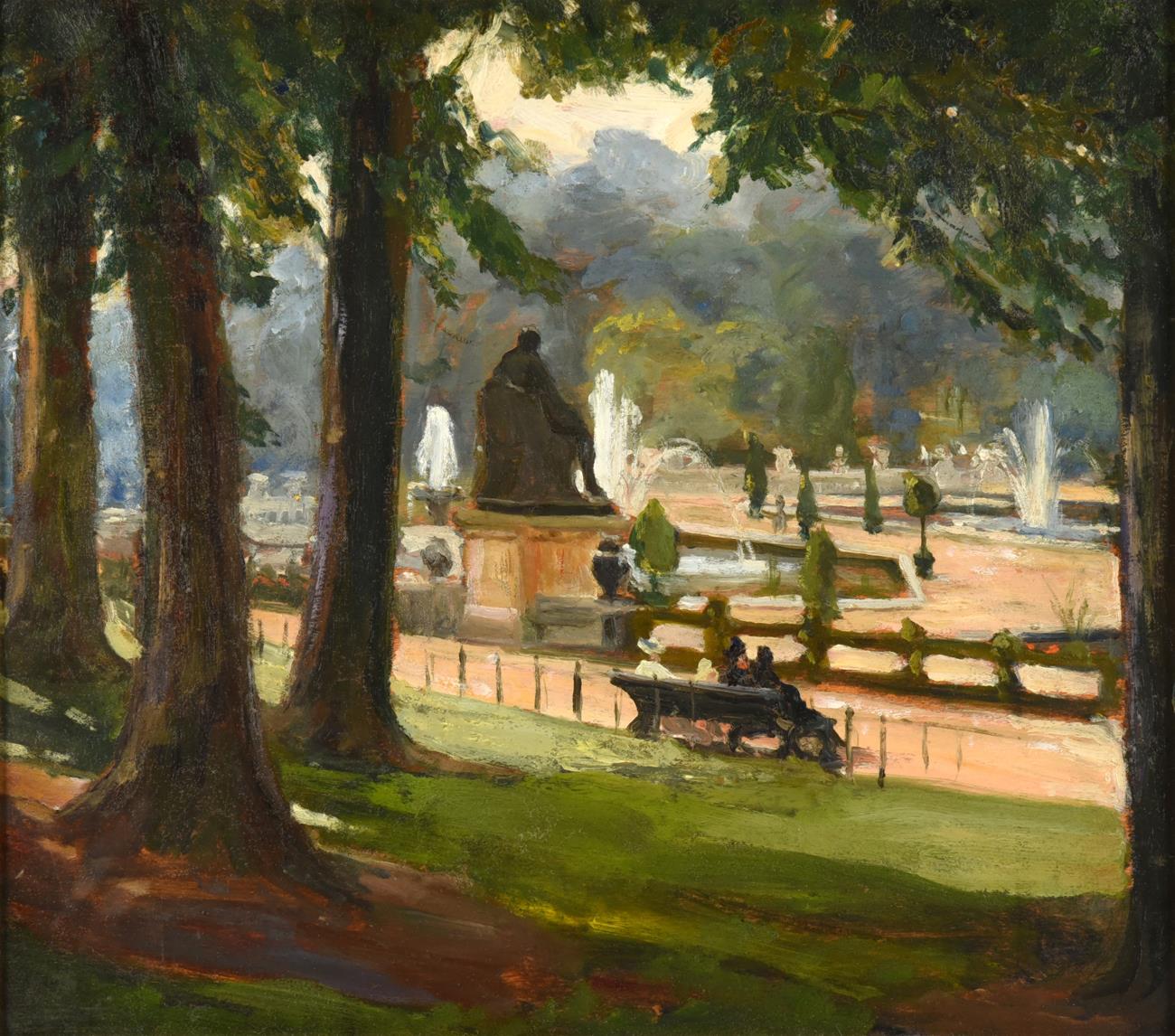 Alexander Jamieson (1873-1937) Scottish Resting on a bench, Tuileries Gardens, Paris Oil on panel,