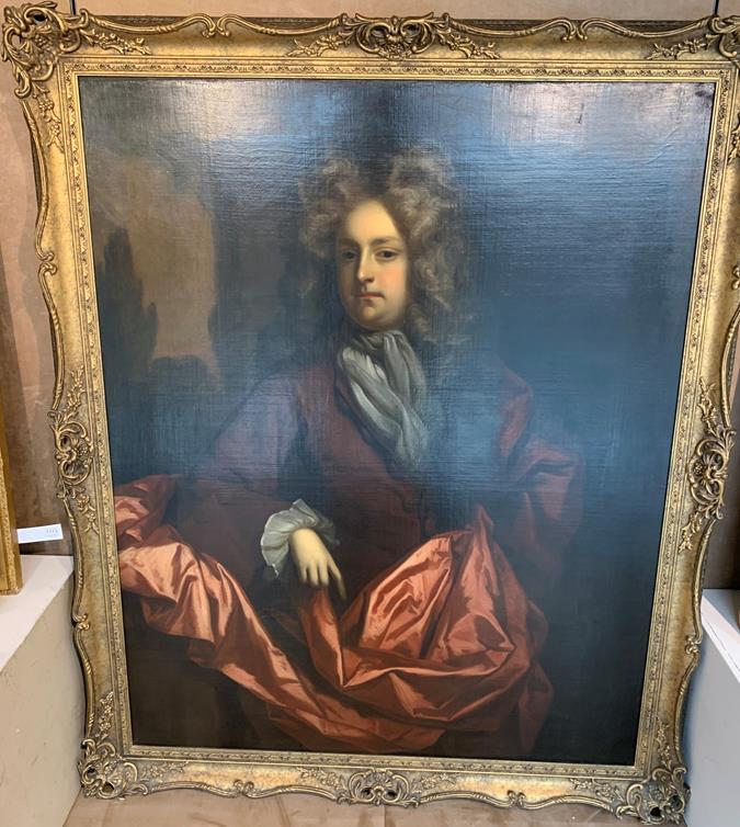 Circle of Sir Peter Lely (1618-1680) Portrait of a fashionable gentleman wearing a claret overcoat - Image 3 of 3