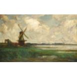 Kershaw Schofield (1875-1941) Estuary scene with windmill Signed, oil on canvas, 74.5cm by 120cm .