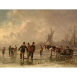 Adolf Stademann (1824-1895) German Ice skaters on a frozen river Signed, oil on panel, 22cm by