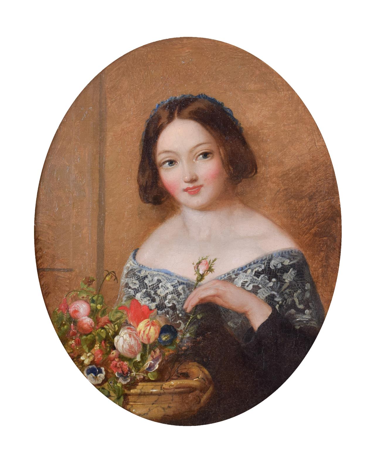 Circle of William Powell Frith RA (1819-1909) Portrait of a young lady arranging flowers Bears