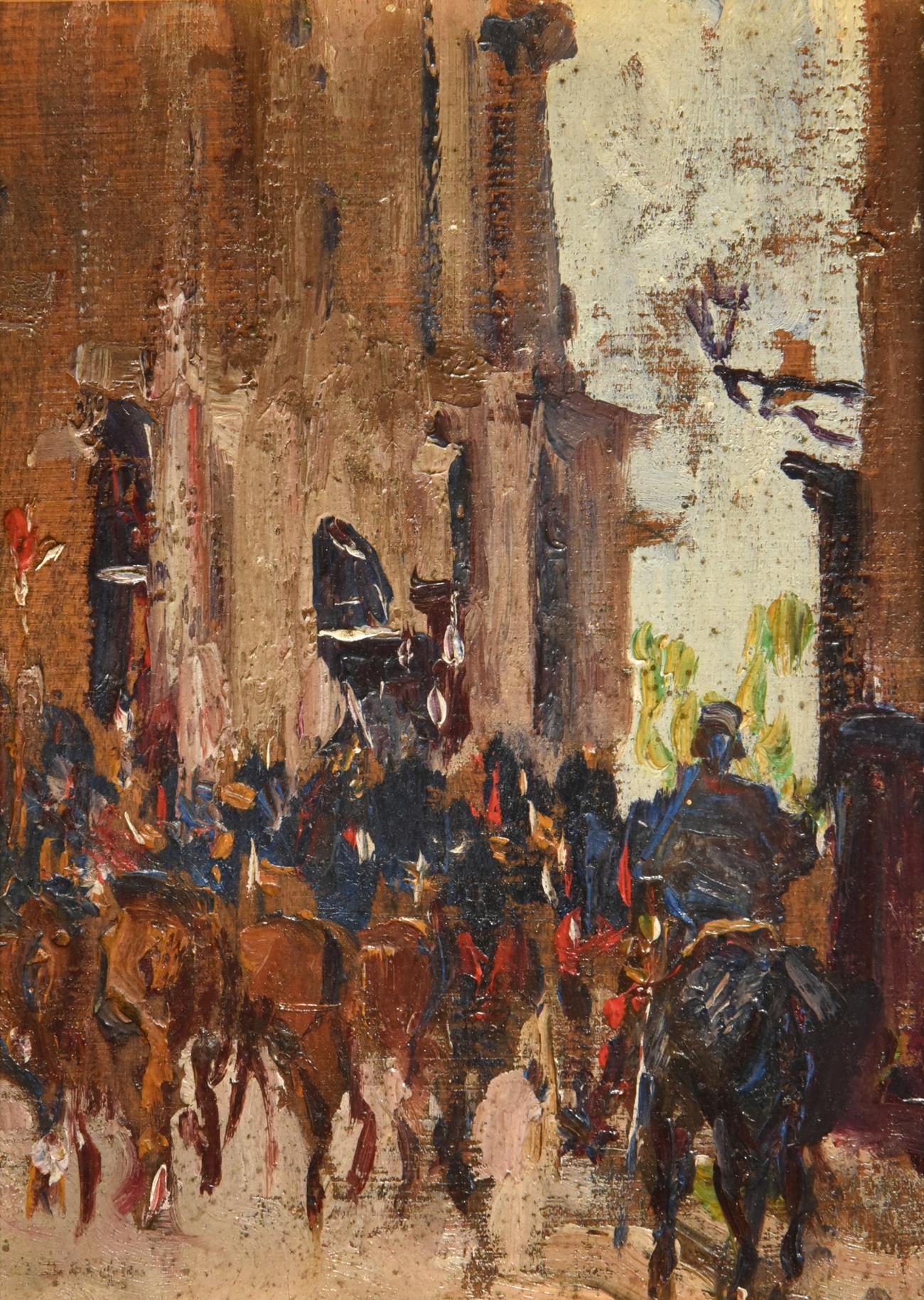 Alexander Jamieson (1873-1937) Scottish Cavalry, Paris Oil on panel, 16cm by 11.5cm Provenance: