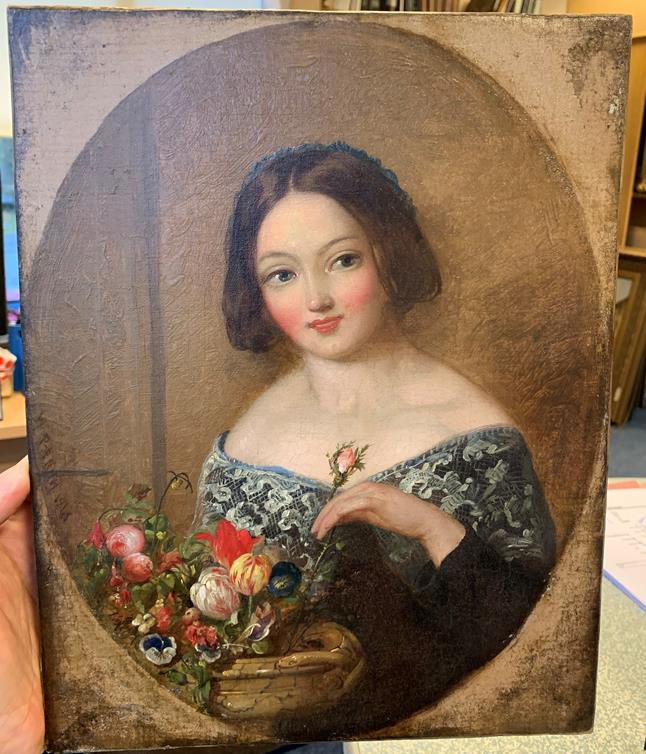 Circle of William Powell Frith RA (1819-1909) Portrait of a young lady arranging flowers Bears - Image 4 of 6