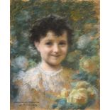 Emile Vernon (1872-1919) Portrait of a young child amongst Yellow Roses Signed, inscribed and