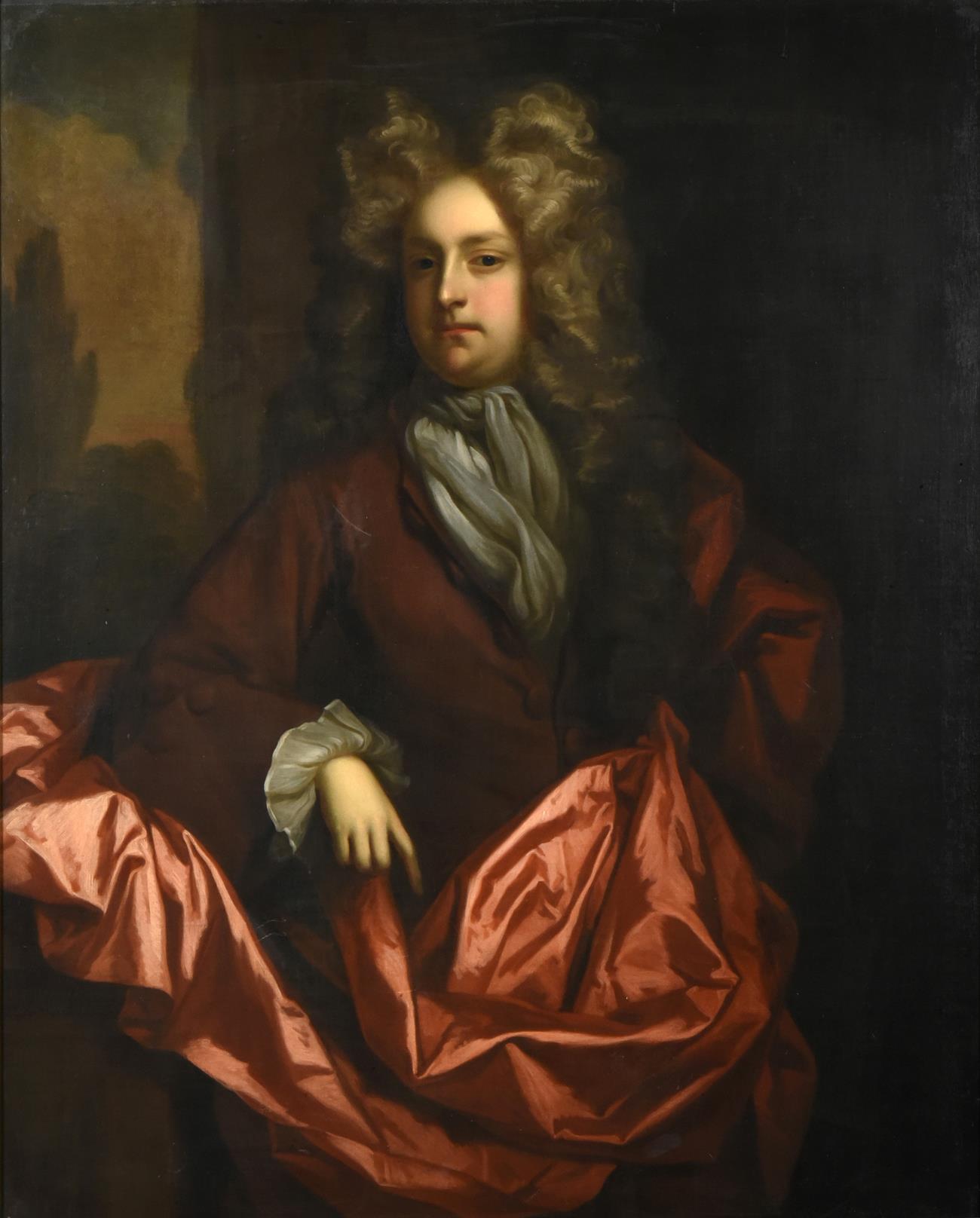 Circle of Sir Peter Lely (1618-1680) Portrait of a fashionable gentleman wearing a claret overcoat