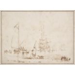 Attributed to Charles Brooking (1723-1759) Shipping vessels and figures in shallow waters Brown ink,