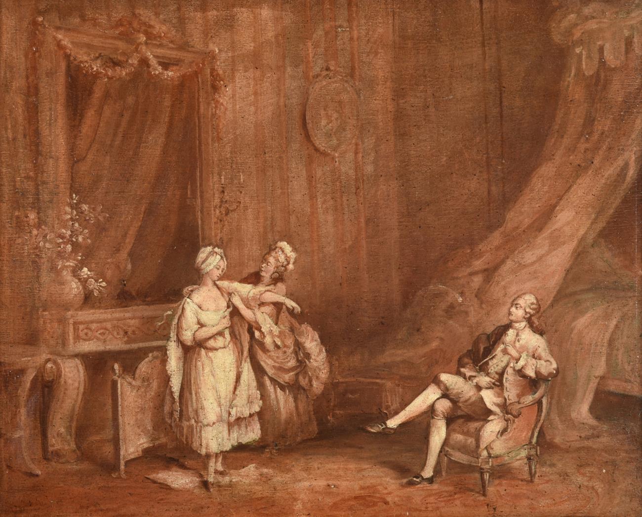 Follower of Nicolas Lancret (1690-1743) Fashionable figures dressing in a Rococo interior Oil on