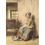 George Goodwin Kilburne RI, RBA (1839-1924) Spinner girl seated at her wheel in a cottage interior