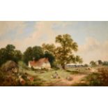 James Edward Meadows (1828-1888) Timber cutting before a cottage in an extensive landscape Signed